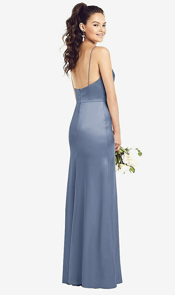 Back View - Larkspur Blue Slim Spaghetti Strap Wrap Bodice Trumpet Gown