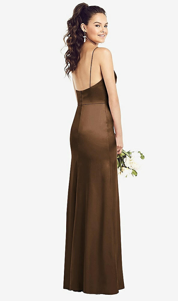 Back View - Latte Slim Spaghetti Strap Wrap Bodice Trumpet Gown