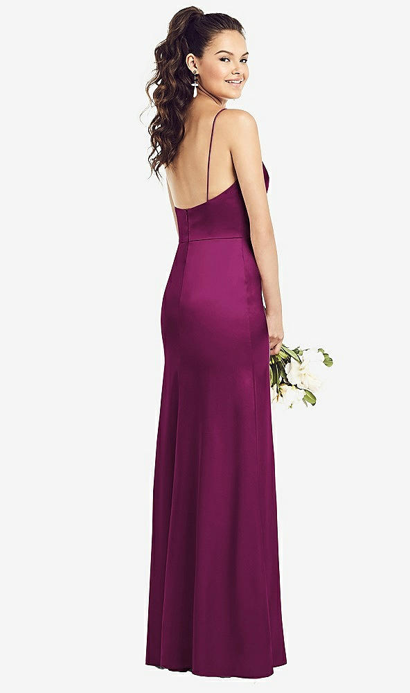 Back View - Merlot Slim Spaghetti Strap Wrap Bodice Trumpet Gown