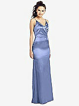 Front View Thumbnail - Periwinkle - PANTONE Serenity Slim Spaghetti Strap Wrap Bodice Trumpet Gown