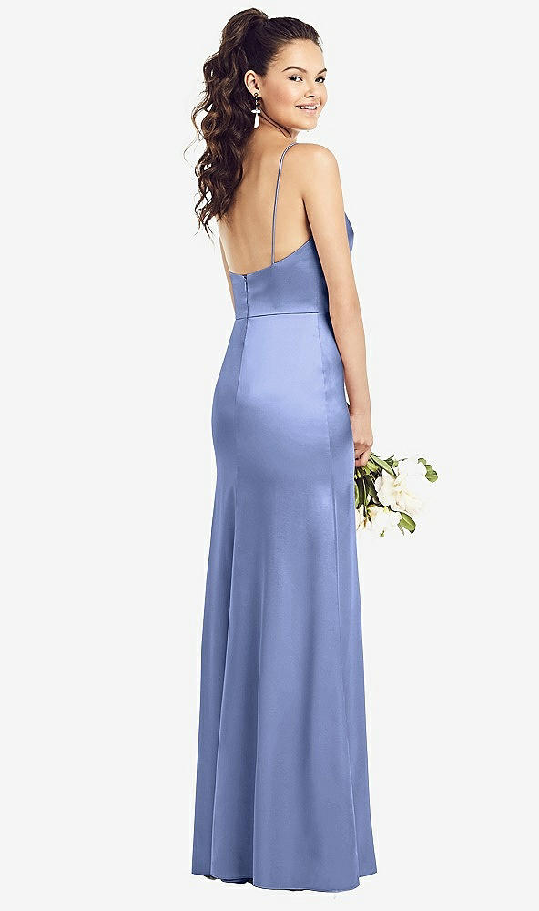 Back View - Periwinkle - PANTONE Serenity Slim Spaghetti Strap Wrap Bodice Trumpet Gown