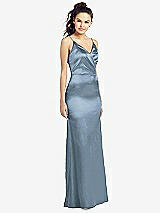 Front View Thumbnail - Slate Slim Spaghetti Strap Wrap Bodice Trumpet Gown