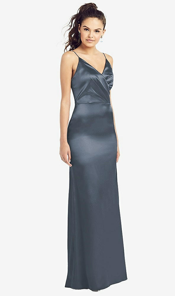 Front View - Silverstone Slim Spaghetti Strap Wrap Bodice Trumpet Gown