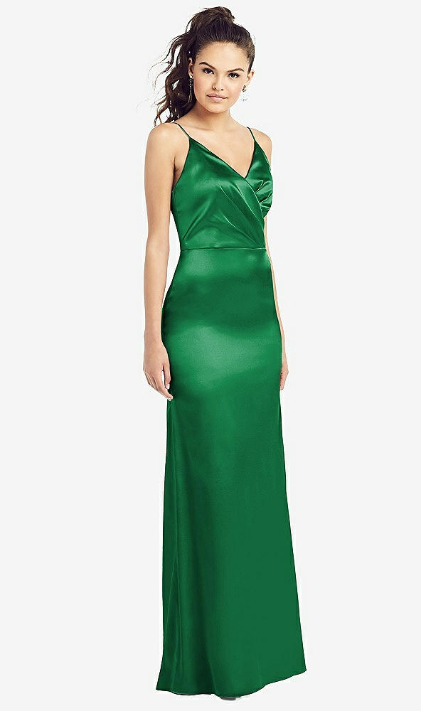 Front View - Shamrock Slim Spaghetti Strap Wrap Bodice Trumpet Gown