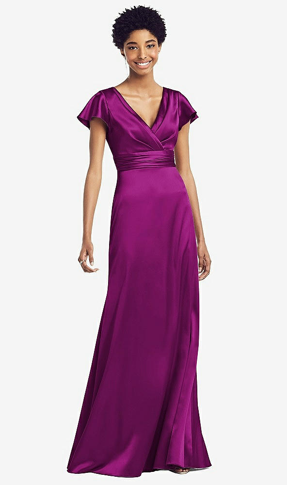 Front View - Persian Plum Flutter Sleeve Draped Wrap Stretch Maxi Dress