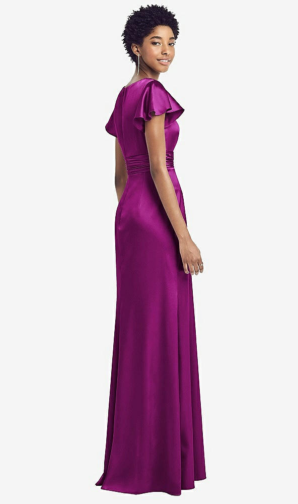 Back View - Persian Plum Flutter Sleeve Draped Wrap Stretch Maxi Dress