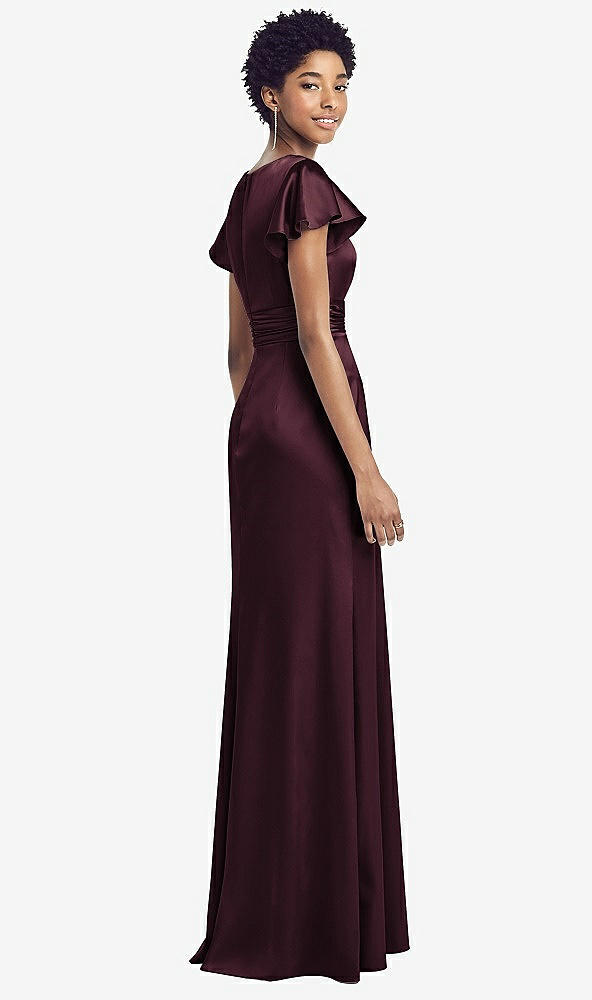 Back View - Bordeaux Flutter Sleeve Draped Wrap Stretch Maxi Dress