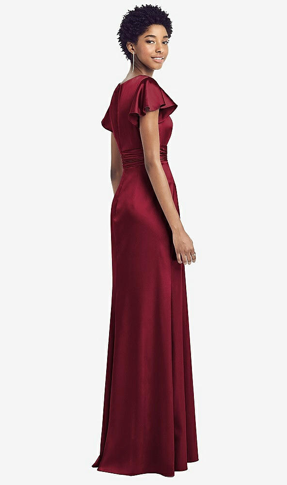 Back View - Burgundy Flutter Sleeve Draped Wrap Stretch Maxi Dress