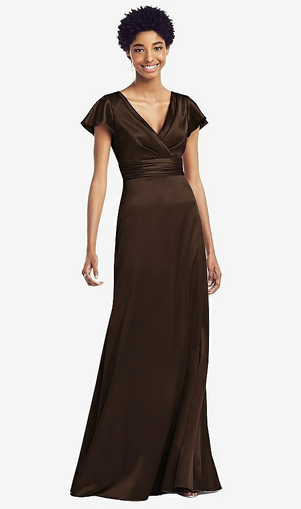 Front View - Espresso Flutter Sleeve Draped Wrap Stretch Maxi Dress