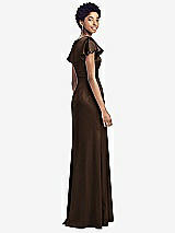 Rear View Thumbnail - Espresso Flutter Sleeve Draped Wrap Stretch Maxi Dress