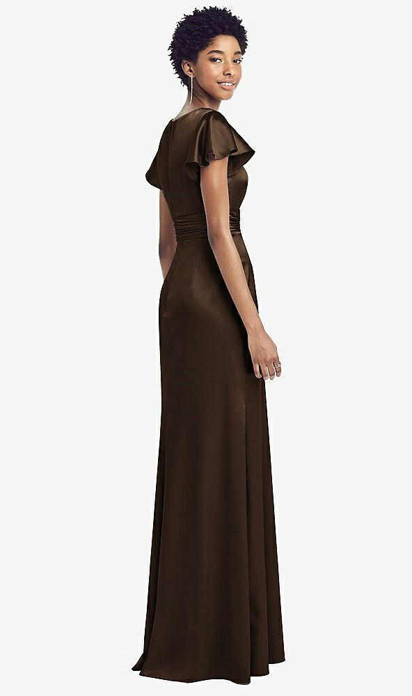 Back View - Espresso Flutter Sleeve Draped Wrap Stretch Maxi Dress