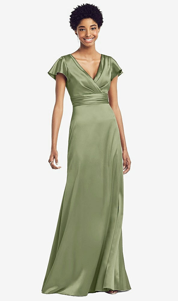 Front View - Kiwi Flutter Sleeve Draped Wrap Stretch Maxi Dress