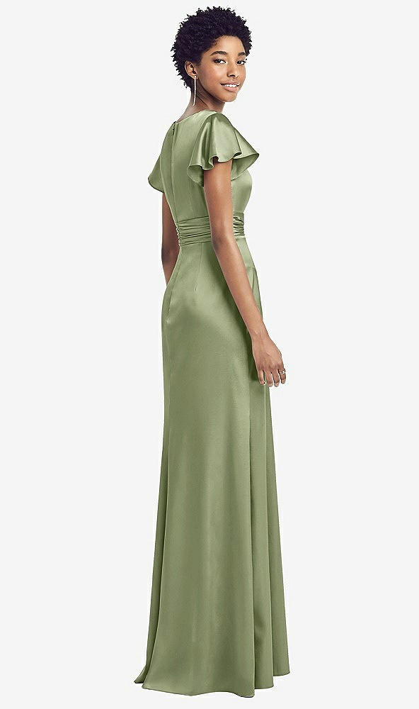 Back View - Kiwi Flutter Sleeve Draped Wrap Stretch Maxi Dress