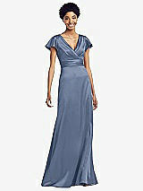 Front View Thumbnail - Larkspur Blue Flutter Sleeve Draped Wrap Stretch Maxi Dress