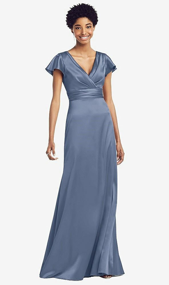 Front View - Larkspur Blue Flutter Sleeve Draped Wrap Stretch Maxi Dress