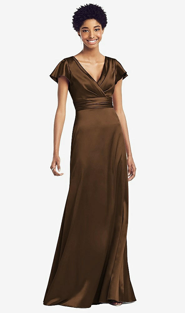 Front View - Latte Flutter Sleeve Draped Wrap Stretch Maxi Dress