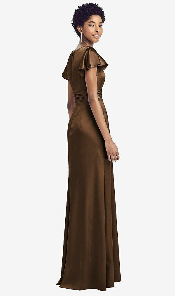 Back View - Latte Flutter Sleeve Draped Wrap Stretch Maxi Dress