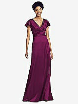 Front View Thumbnail - Merlot Flutter Sleeve Draped Wrap Stretch Maxi Dress