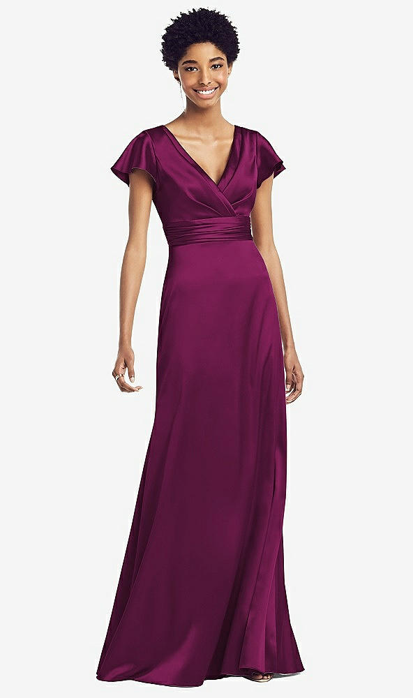 Front View - Merlot Flutter Sleeve Draped Wrap Stretch Maxi Dress