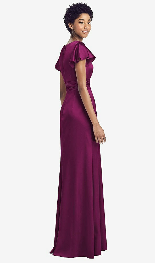 Back View - Merlot Flutter Sleeve Draped Wrap Stretch Maxi Dress