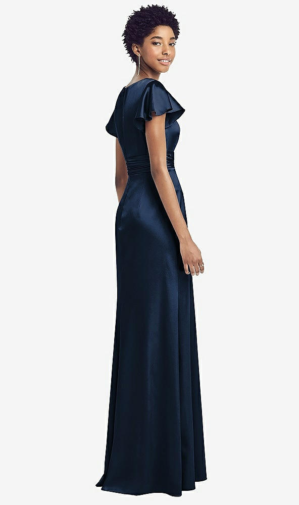 Back View - Midnight Navy Flutter Sleeve Draped Wrap Stretch Maxi Dress