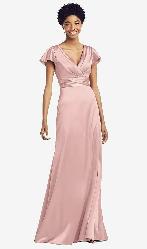 Front View - Rose Quartz Flutter Sleeve Draped Wrap Stretch Maxi Dress