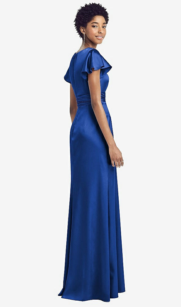 Back View - Sapphire Flutter Sleeve Draped Wrap Stretch Maxi Dress