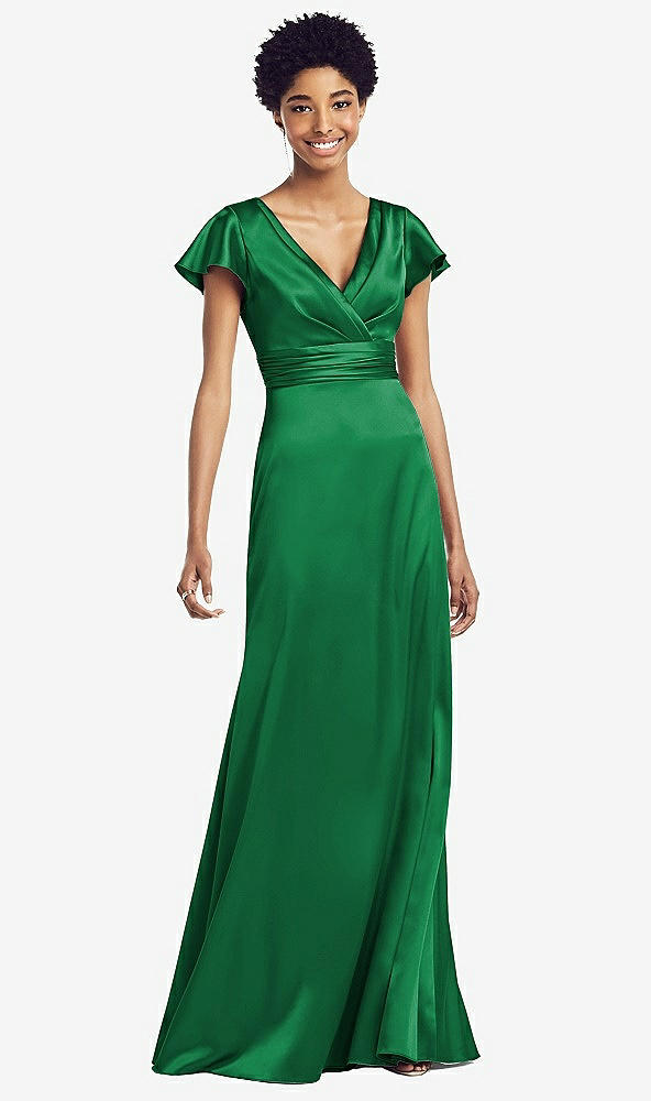 Front View - Shamrock Flutter Sleeve Draped Wrap Stretch Maxi Dress