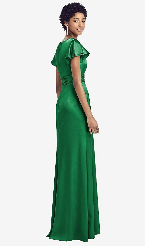 Back View - Shamrock Flutter Sleeve Draped Wrap Stretch Maxi Dress