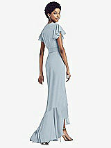 Rear View Thumbnail - Mist Ruffled High Low Faux Wrap Dress with Flutter Sleeves