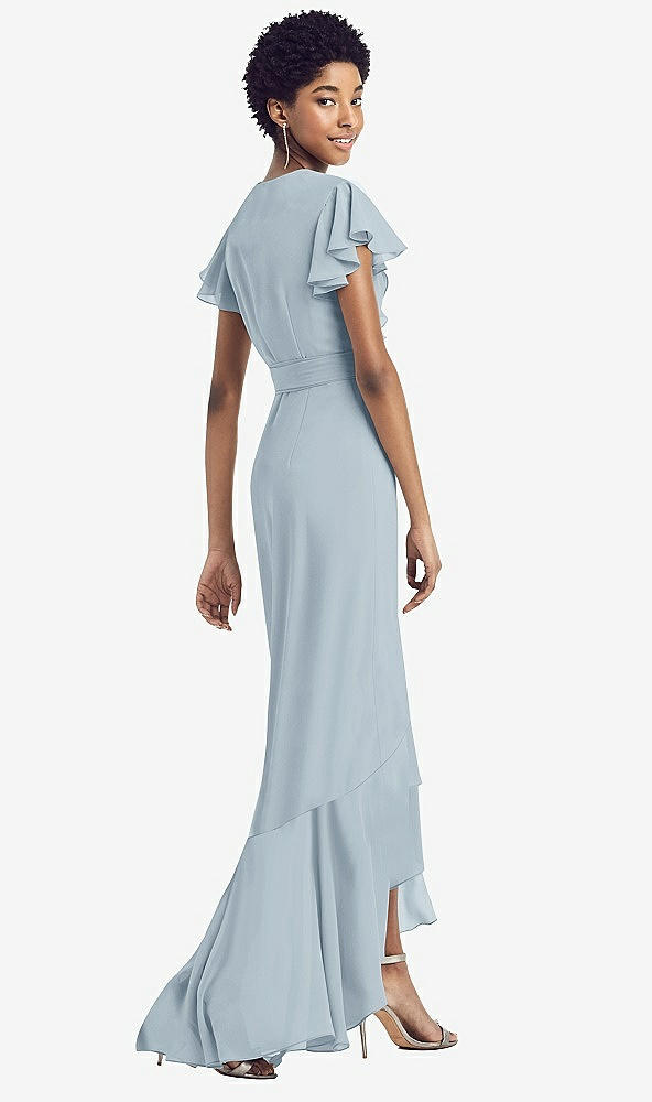 Back View - Mist Ruffled High Low Faux Wrap Dress with Flutter Sleeves