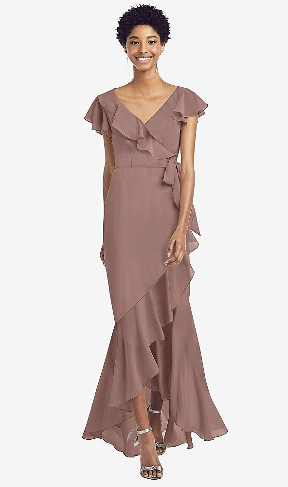 Front View - Sienna Ruffled High Low Faux Wrap Dress with Flutter Sleeves