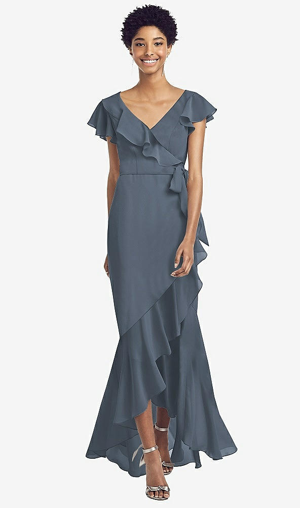 Front View - Silverstone Ruffled High Low Faux Wrap Dress with Flutter Sleeves