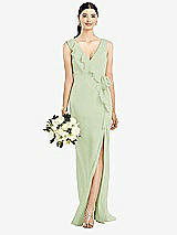 Front View Thumbnail - Limeade Sleeveless Ruffled Wrap Chiffon Gown