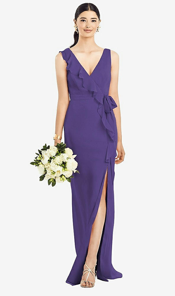 Front View - Regalia - PANTONE Ultra Violet Sleeveless Ruffled Wrap Chiffon Gown