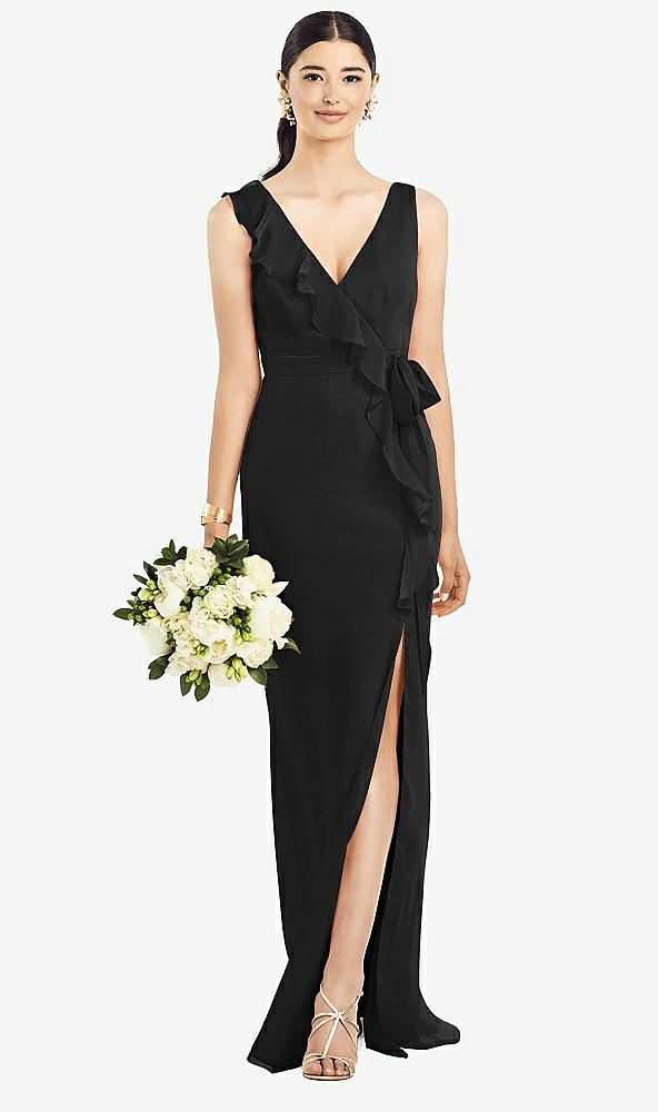 Front View - Black Sleeveless Ruffled Wrap Chiffon Gown