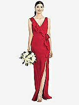 Front View Thumbnail - Flame Sleeveless Ruffled Wrap Chiffon Gown