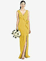 Front View Thumbnail - Marigold Sleeveless Ruffled Wrap Chiffon Gown