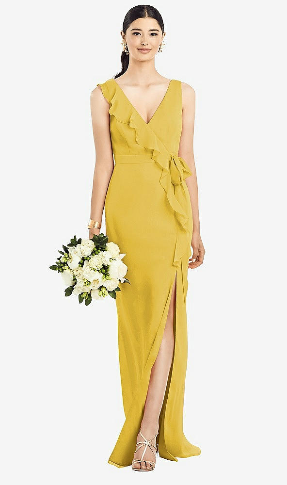 Front View - Marigold Sleeveless Ruffled Wrap Chiffon Gown