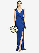 Front View Thumbnail - Sapphire Sleeveless Ruffled Wrap Chiffon Gown