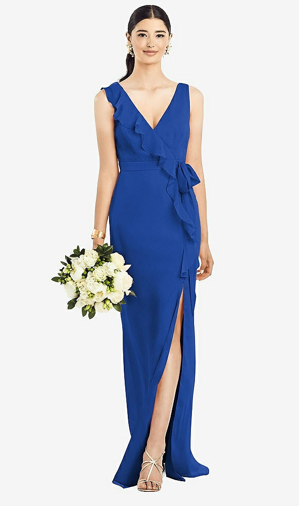 Front View - Sapphire Sleeveless Ruffled Wrap Chiffon Gown