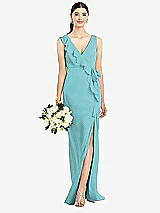 Front View Thumbnail - Spa Sleeveless Ruffled Wrap Chiffon Gown