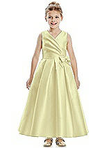 Front View Thumbnail - Butter Yellow Faux Wrap Pleated Skirt Satin Twill Flower Girl Dress with Bow