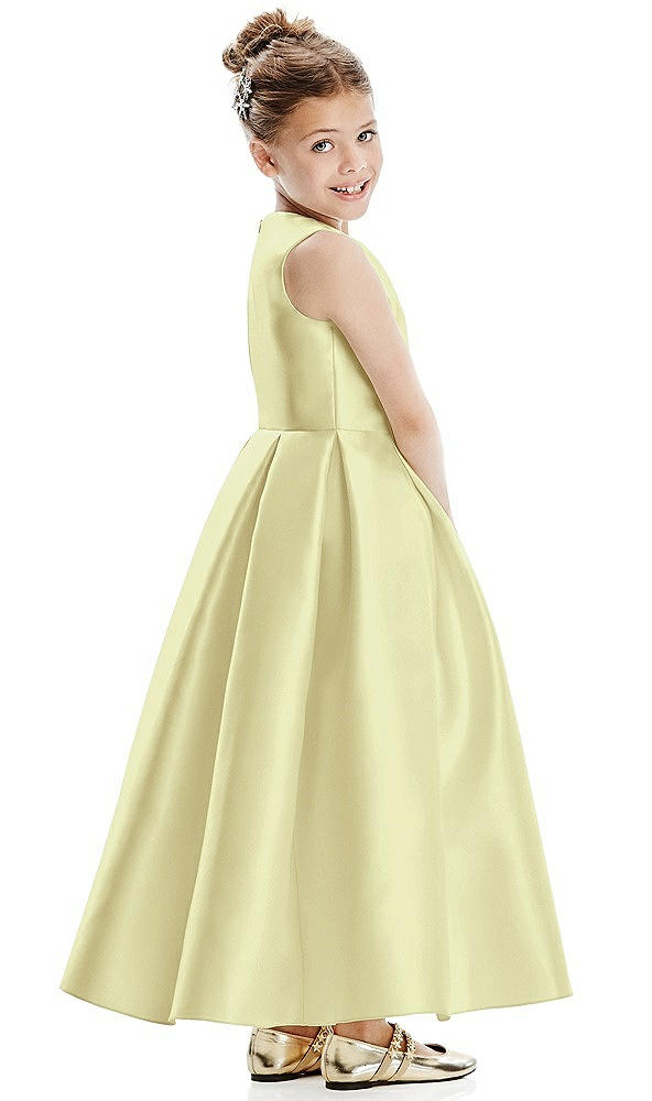 Back View - Butter Yellow Faux Wrap Pleated Skirt Satin Twill Flower Girl Dress with Bow