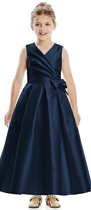 Faux Wrap Pleated Skirt Satin Twill Flower Girl Dress with Bow