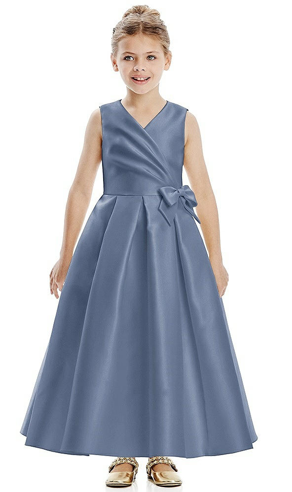 Front View - Larkspur Blue Faux Wrap Pleated Skirt Satin Twill Flower Girl Dress with Bow