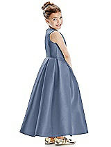 Rear View Thumbnail - Larkspur Blue Faux Wrap Pleated Skirt Satin Twill Flower Girl Dress with Bow