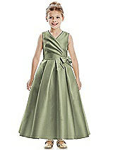 Front View Thumbnail - Sage Faux Wrap Pleated Skirt Satin Twill Flower Girl Dress with Bow