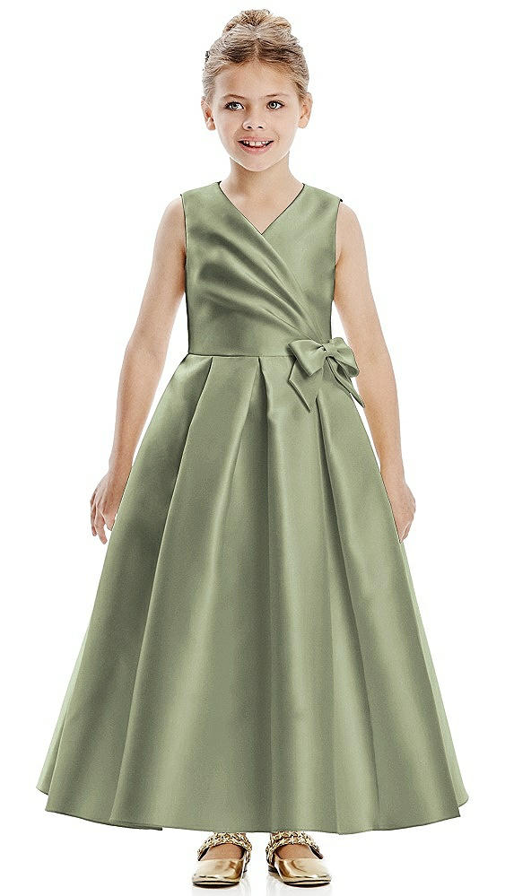 Front View - Sage Faux Wrap Pleated Skirt Satin Twill Flower Girl Dress with Bow