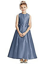 Front View Thumbnail - Larkspur Blue Princess Line Satin Twill Flower Girl Dress with Bows